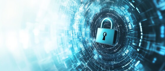 Poster - Cybersecurity padlock icon, digital binary stream, abstract futuristic circles, soft blue and white backdrop, tech protection theme