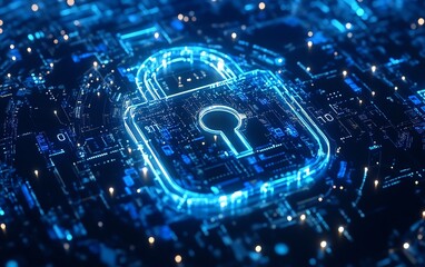Aufkleber - Cybersecurity padlock image, binary code stream, abstract futuristic circles, blue and white backdrop, digital protection theme