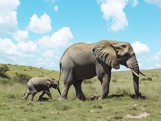 Adult and baby elephants in field