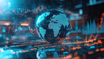 Poster - Digital infographic, globe surrounded by financial graphs, global economic data, light blue and white backdrop, analytics focus
