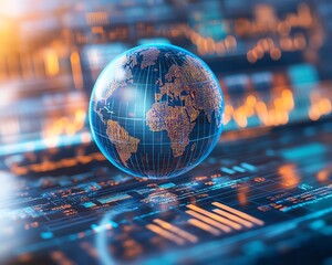 Poster - Digital infographic, globe at center, financial graphs and charts, statistical data, light blue and white background, global analytics focus