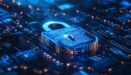 Aufkleber - Digital padlock illustration, binary code overlay, futuristic circles, blue and white background, cybersecurity concept