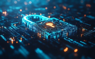 Aufkleber - Futuristic padlock design, binary code matrix, glowing circles, blue and white background, representing cybersecurity