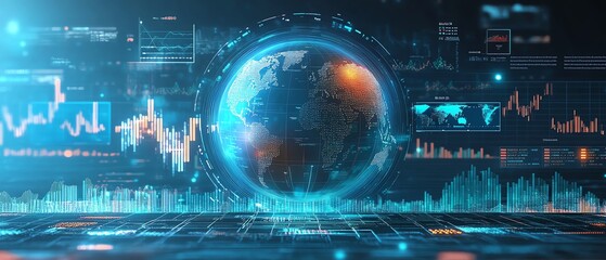 Poster - Global finance infographic, central globe, interactive graphs and stats, light blue and white background, representing worldwide financial trends