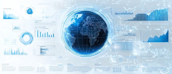 Poster - Global finance infographic, central globe, interactive graphs and stats, light blue and white background, representing worldwide financial trends
