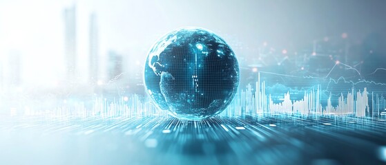 Poster - Global finance visualization, digital infographic with globe, charts and data points, light blue and white backdrop, analytics and trends focus