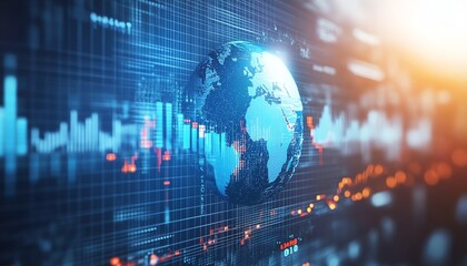 Poster - Infographic design, globe with dynamic financial graphs, data points, global economic trends, light blue and white backdrop, modern analytics style