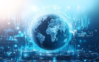 Poster - Infographic design with globe, financial trends and statistical data, dynamic graphs on light blue and white background, representing global finance
