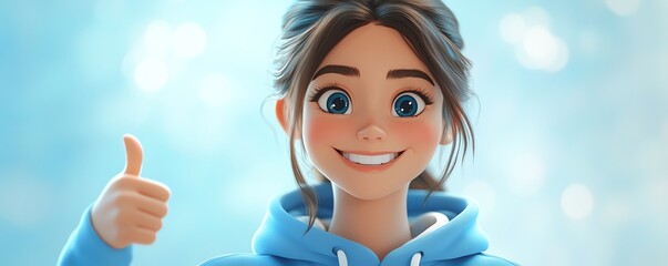 3D cartoon portrait of a young woman in blue hoodie, smiling and giving a thumbs up, light background, successful gesture