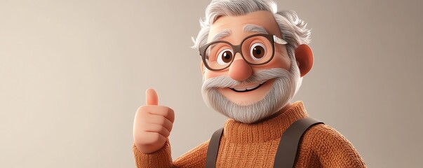 Senior man cartoon in 3D style, happy and smiling with thumb up, light background, successful gesture concept