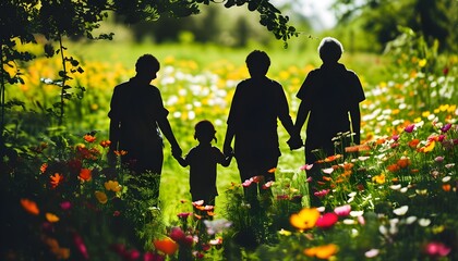 Family Silhouette Embracing Unity in a Lush Green Garden Surrounded by Vibrant Flowers