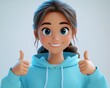 © Nattapat - Young adult female in blue hoodie, cartoon style, showing thumbs up and smiling, 3D design, light background, successful human expression