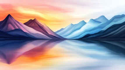 Wall Mural - A painting of a mountain range with water in the foreground, AI