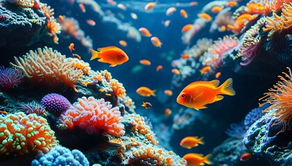 Vibrant underwater paradise filled with colorful corals and graceful orange fish swimming through crystal-clear waters