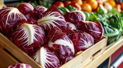 Wall Mural - A display of freshly harvested radicchio (Cichorium intybus), with its deep red leaves adding color to the market