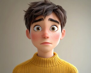 3D cartoon of a young man in yellow sweater, questioning and doubtful expression, light background, human emotions concept