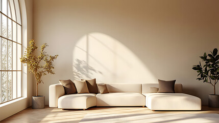 Wall Mural - Minimalist home interior design of modern living room. Curved sofa against arched window near beige wall with copy space.