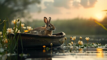 Wall Mural - On a boat on the water with a rabbit is relaxing