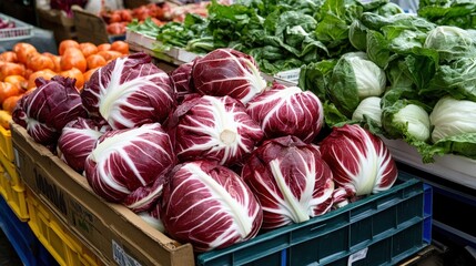 Wall Mural - A display of freshly harvested radicchio (Cichorium intybus), with its deep red leaves adding color to the market