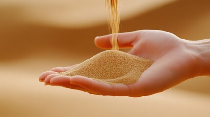 Canvas Print - A person holding a handful of sand with some grains falling out, AI