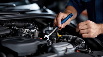 A mechanic using a wrench on an engine, showcasing skilled hands and attention to automotive maintenance.