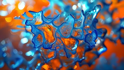 Wall Mural - Vibrant blue and orange glass-like structures with a dreamy bokeh backdrop in a mesmerizing abstract composition