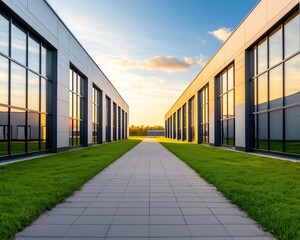 Wide-angle shot of a modern factory, spacious layout, steel and glass exterior, surrounded by green open spaces