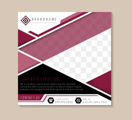 Poster - concrete structure construction Social Media Post Design template. square layout banner with triangle elemet on white background. black and dark red on element. space for poto.