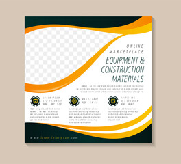 Poster - online marketplace equipment and construction materials social media post banner template design. poster space for photo collage use yellow and green on element. square layout with infographic icon