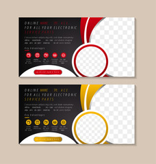 online marketplace for all electronic service parts social media post banner design template. vector illustration with space for photo. combination between red, yellow elements and black background.