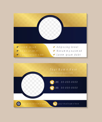 Wall Mural - business card with blue and gold gradient colors on elements. circle shape for space photo collage. luxury modern concept identity card on horizontal layout design template.