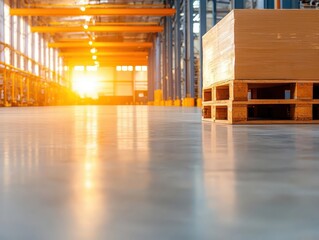 Expansive interior of a production facility, open layout with robotic systems, high ceilings, and natural lighting