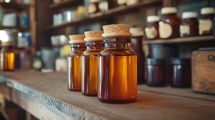 Medicine syrup in a glass bottle, showcasing a clear, well-labeled container with a liquid inside, typically used for treating various ailments. 