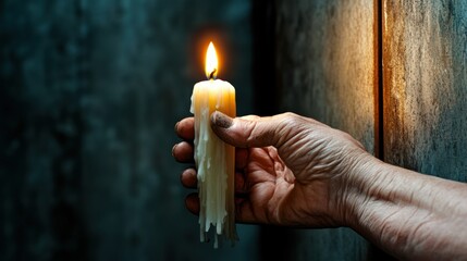 Canvas Print - A hand holding a lit candle with dripping wax on the side, AI