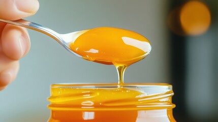 Sticker - A spoon with a jar of honey on it being held by someone, AI