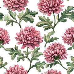 Sticker - Pink Chrysanthemum Flowers Watercolor Seamless Pattern