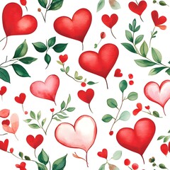 Canvas Print - Watercolor Hearts and Leaves Pattern