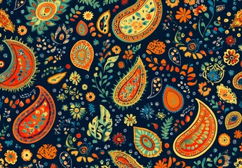 Colorful Paisley Pattern with Flowers