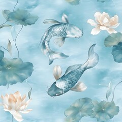 Sticker - Watercolor Koi Fish and Lotus Flowers