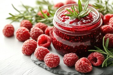 Raspberry jam with fresh raspberries and rosemary sprigs on white rustic table