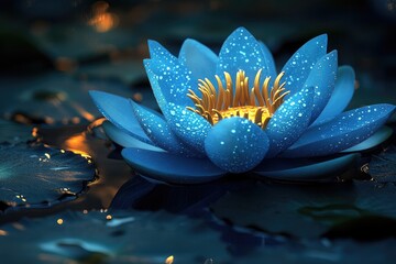 blue lotus flower blooming in the water with golden glitter particles