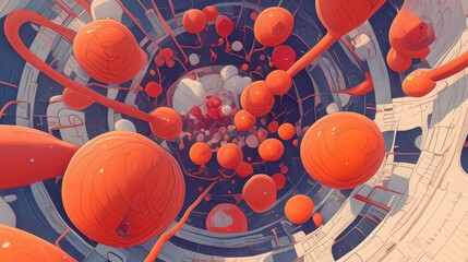 Wall Mural - Abstract 3D Render of Orange Spheres and Lines in a Circular Pattern