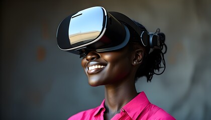 Sticker - Modern virtual reality glasses showcased by a smiling Black woman in a vibrant pink magenta shirt, embodying innovation and joy in commercial advertising.