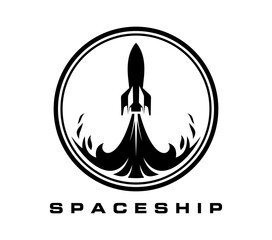 Poster - Spaceship icon of space rocket on start launch for business or technology company, vector emblem. Spaceship icon for start up project or creative idea agency, innovation and space tech brand sign