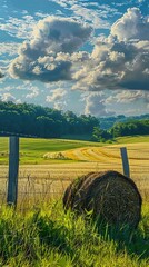 Sticker - Hay Bale in a Lush Green Field with a Blue Sky and Clouds