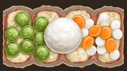 Wall Mural - A  rectangular platter with three sections containing peas, rice, and carrots and potatoes