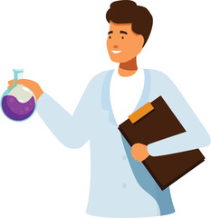Poster - Scientist holding glass flask and clipboard analyzing chemical formula, laboratory research concept