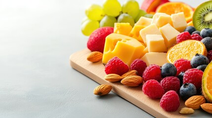 Healthy snack board with an assortment of fresh fruits, nuts, and cheese