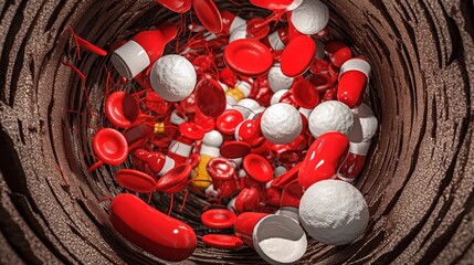 A swirling mass of red and white blood cells within a vessel