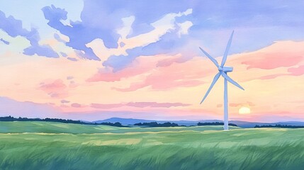 Majestic wind turbines dot the green expanse beneath a vibrant sunrise sky, watercolor textures capturing the peaceful yet dynamic energy of the scene